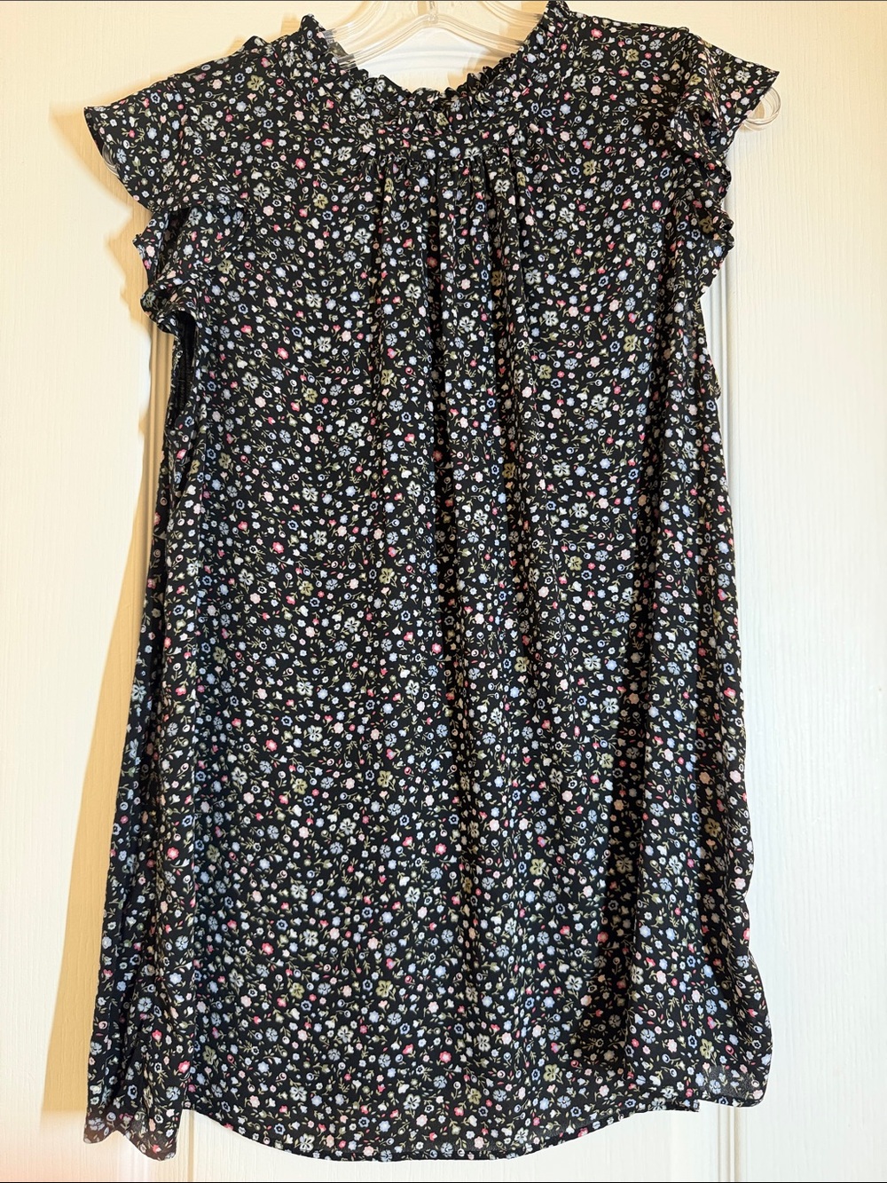 Loft Black Floral Smocked Neck Flutter Sleeve Top